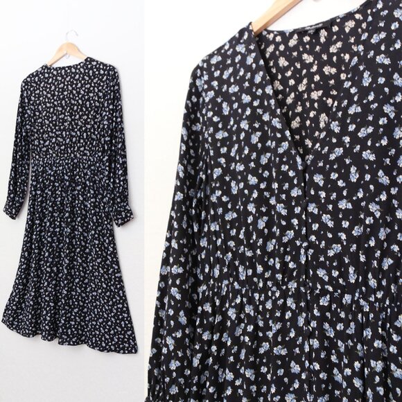 Madewell Long Sleeve Button Front Midi Dress 2 Baby's Breath  Black Blue Floral - Picture 7 of 15
